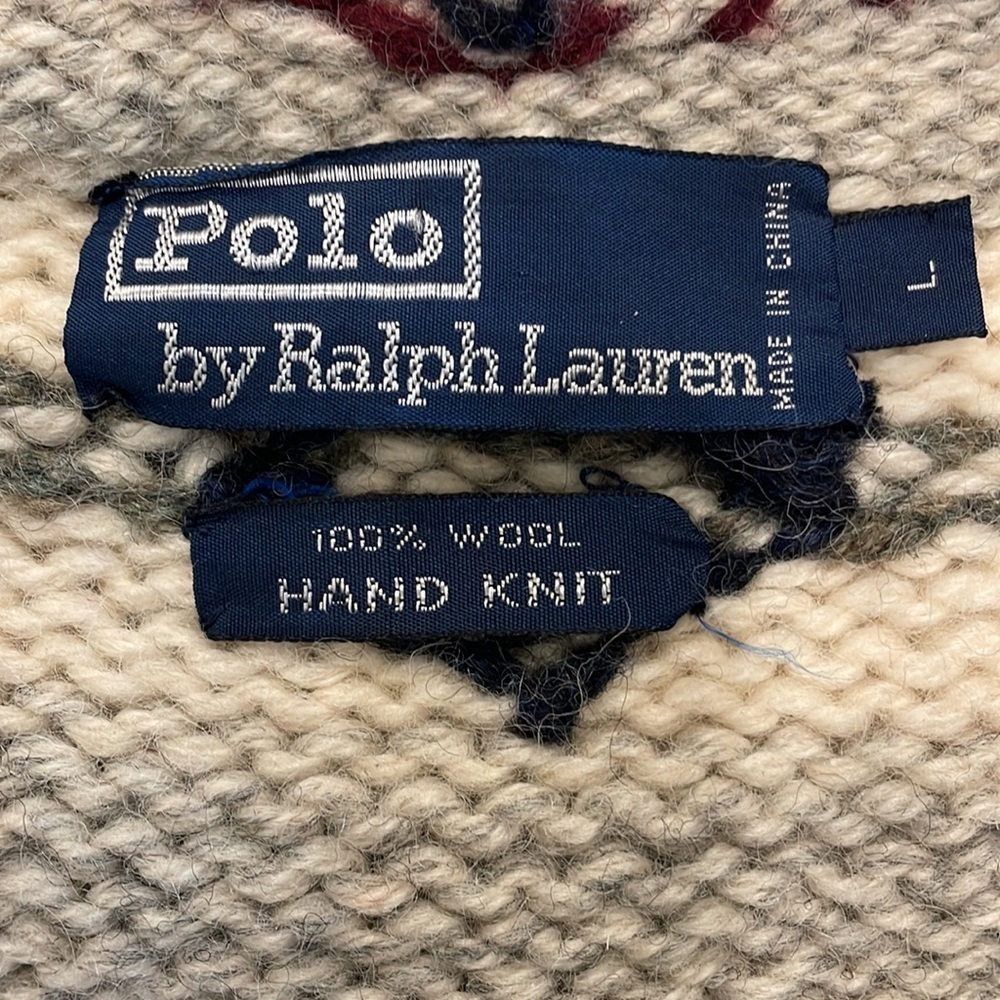 Polo Ralph Lauren 100% Wool Hand Knit Sweater Gray/Ivory/Red/Black L - Picture 3 of 9